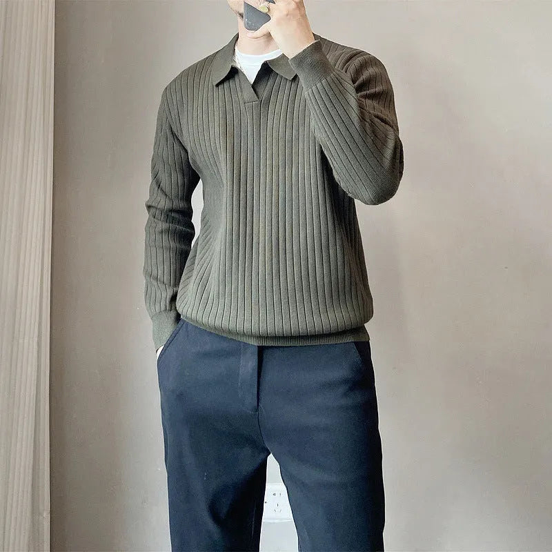 Boys' loose fit striped lapel knitted sweater in modal fabric with long sleeves