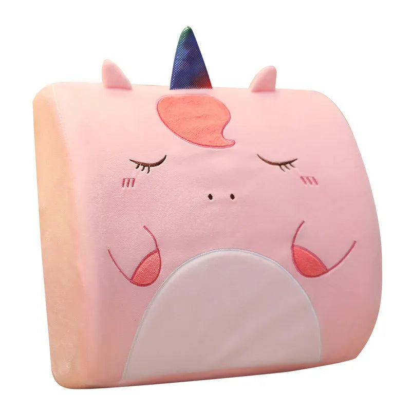 Cartoon memory foam seat cushion with removable cover, shown in Pink Unicorn design on an office chair.