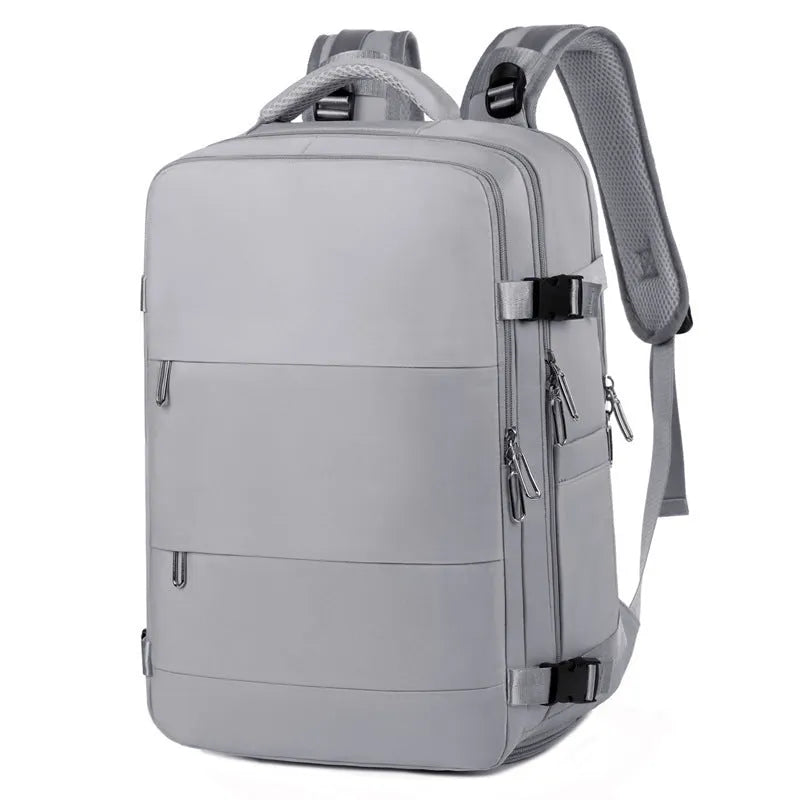 Large purple travel backpack with multiple compartments and an air pillow strap system.