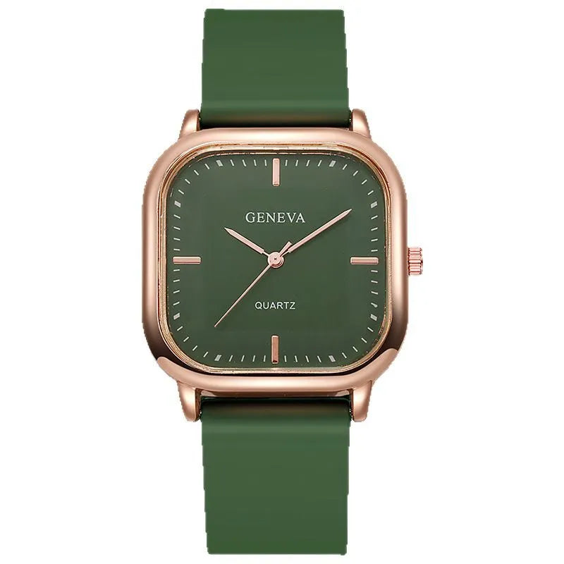 Women's square dial quartz watch with rose gold finish, 30mm alloy case, and green plastic strap