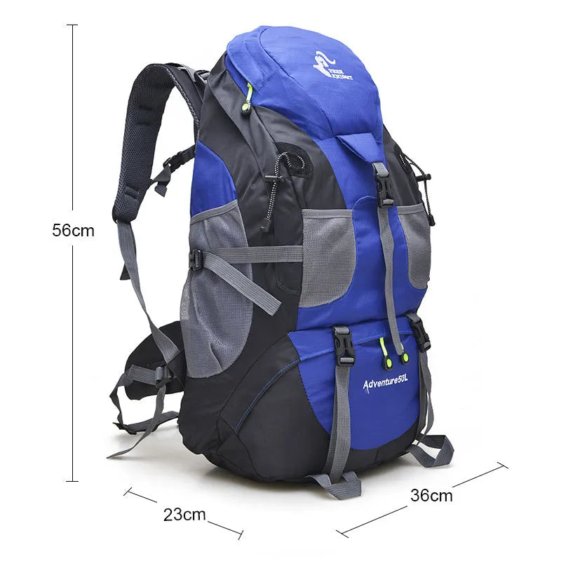 50L waterproof foldable nylon backpack in red with adjustable straps and chest belt