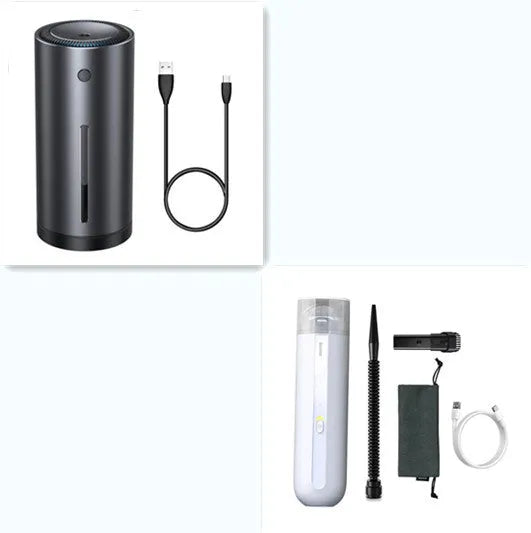 Baseus wireless handheld car vacuum cleaner in black, shown with blowing hose attachment and Type-C charging cable.