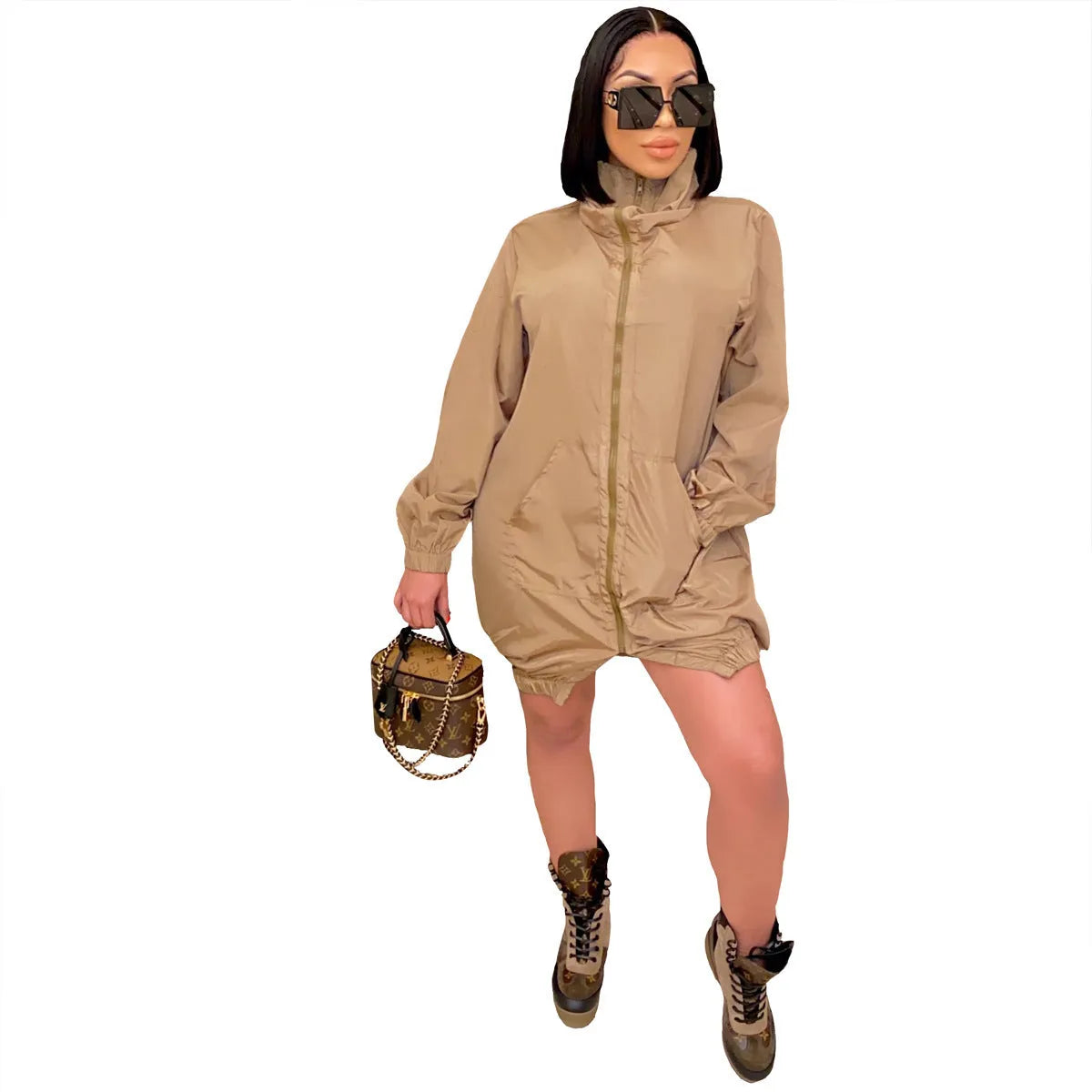 Casual women's loose long sleeve zipper dress in black, A-line skirt, polyester fibre