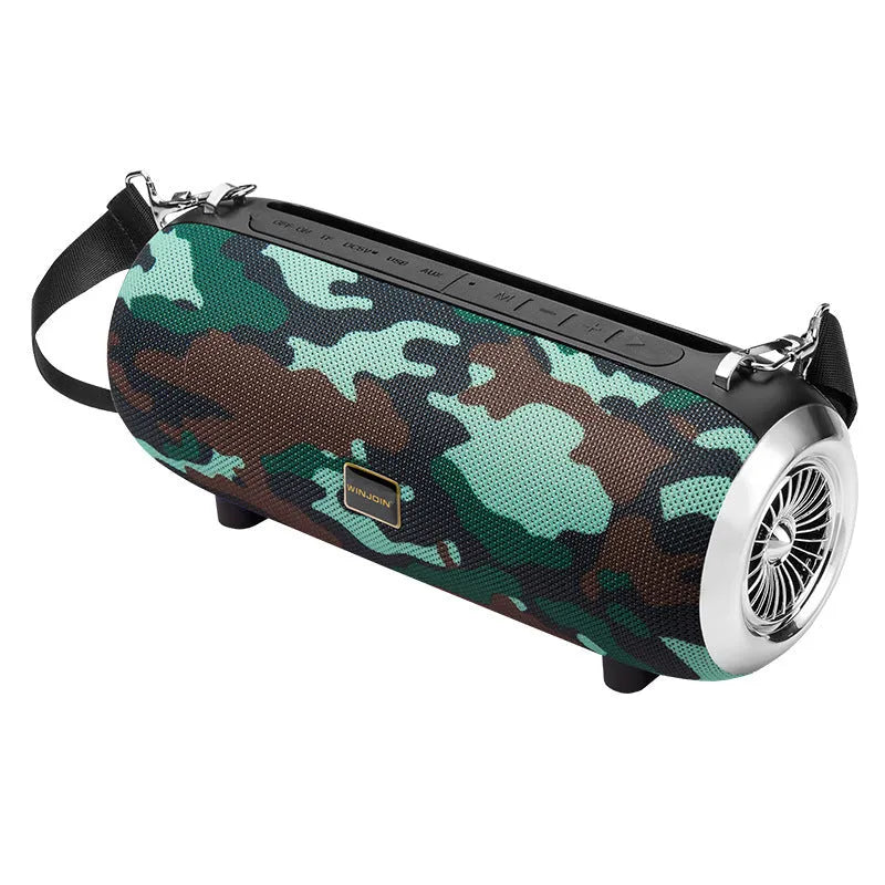 F666 square portable Bluetooth speaker with shoulder strap, phone stand, and retractable FM antenna.