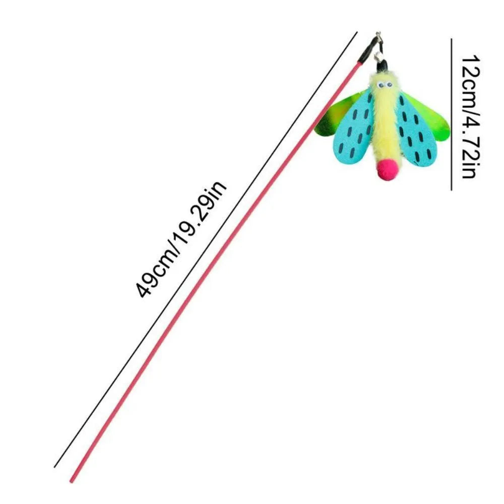 Cat wand toy with dragonfly attachment and bell on 49cm ABS plastic stick