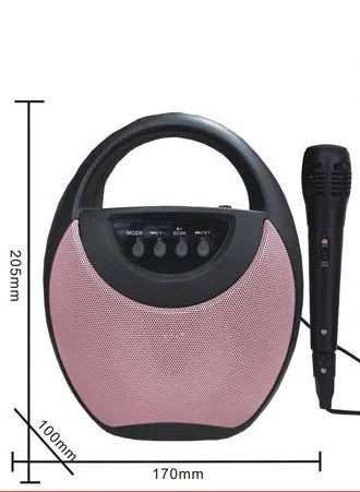 Portable Bluetooth speaker in black, blue or pink colours showing USB port for U disk or SD card playback