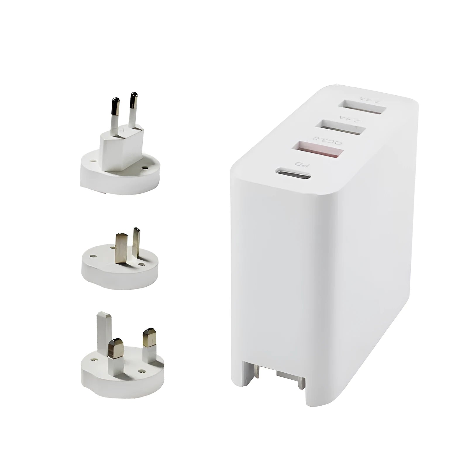 Black 48W USB wall charger with four Type-C ports and a UK plug on a white background.