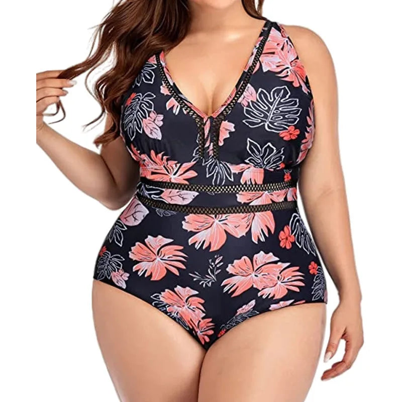 Women's plus size black printed mesh bikini swimsuit for swimming