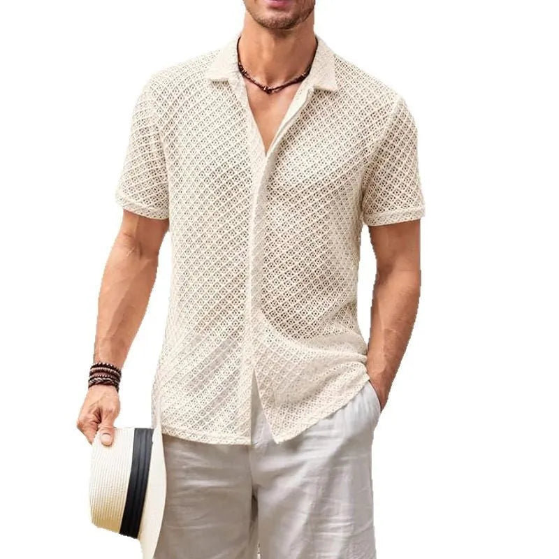 Men's cotton blend mesh short sleeve lapel shirt in beige colour