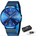 Stainless steel men's wristwatch with 40mm dial showing all-black, all-blue, and black-blue colour options