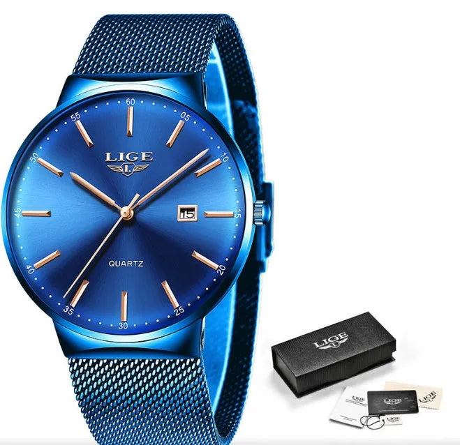 Stainless steel men's wristwatch with 40mm dial showing all-black, all-blue, and black-blue colour options