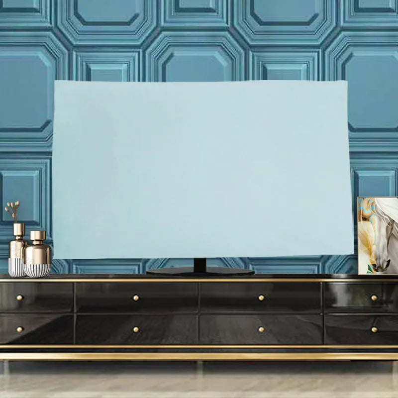 Soft pink velvet TV cover draped over a television screen showing size and colour options.