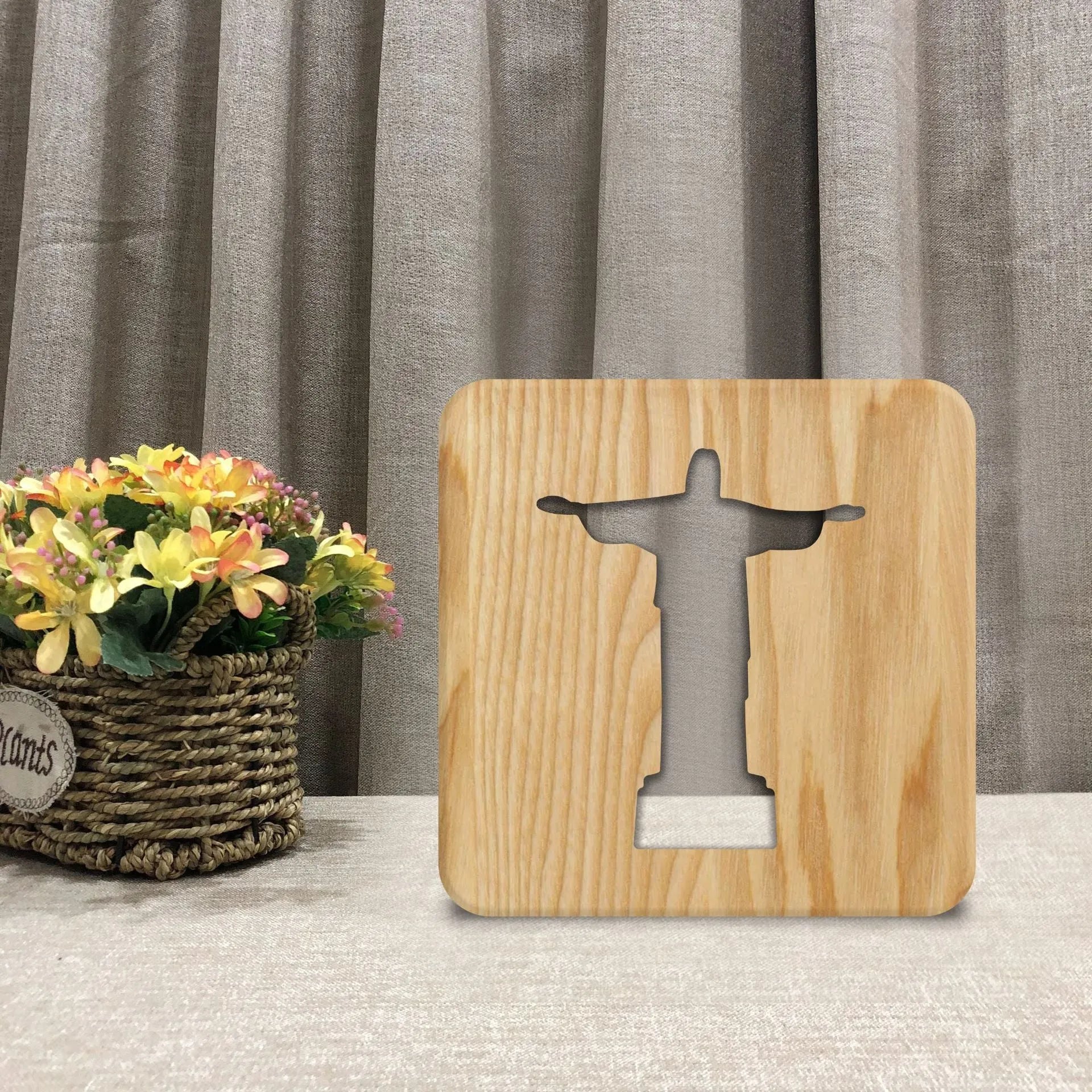 Solid wood hollow night lamp with warm white LED light and USB power cable