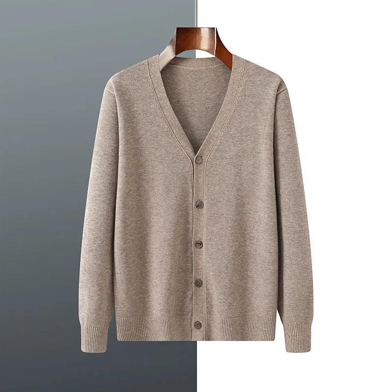 Men's loose-fit V-neck cardigan coat in Andy velvet fabric shown in beige colour.
