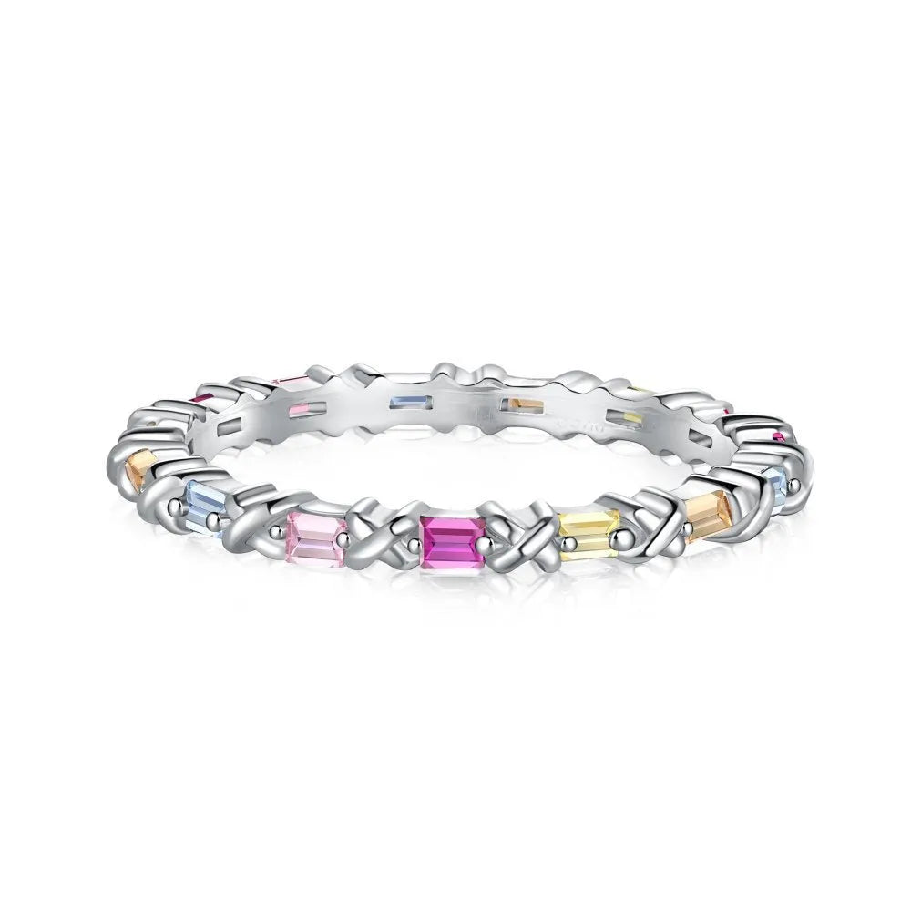 S925 sterling silver ring with colour zircon, geometric round shape, adjustable open band, sizes 5 to 9