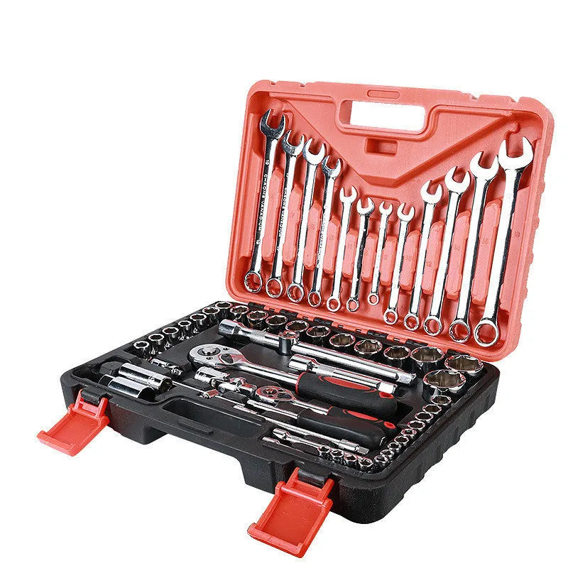 61-piece chrome vanadium steel auto repair socket and wrench tool set in a box.