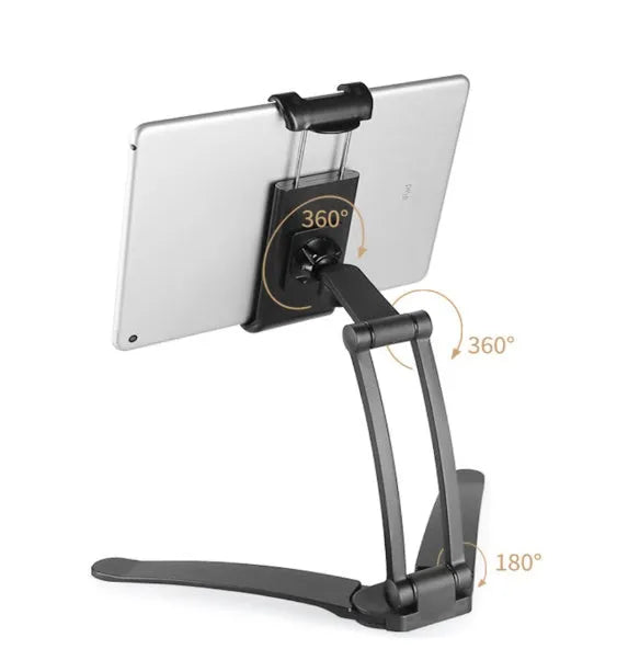 Silver aluminium alloy desktop tablet stand with white mount holding a tablet at an angle.