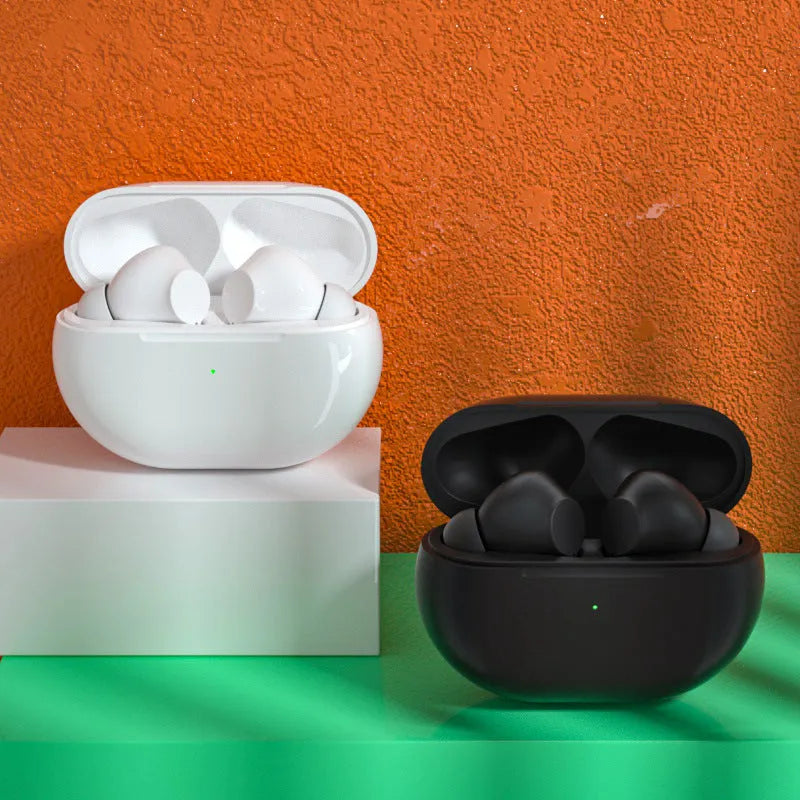 Pro4 wireless Bluetooth earbuds in black and white colours with compact rectangular charging case.