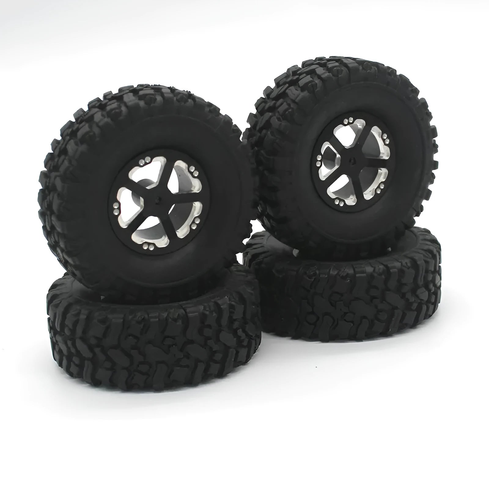 Military RC car metal alloy accessories including front bar, axles, motor box and black tyres