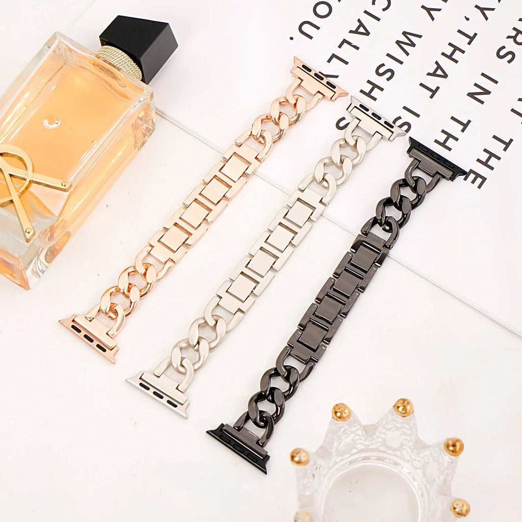 Denim chain metal watch strap for Apple Watch in silver, black, gold, rose gold, or Starlight colour.