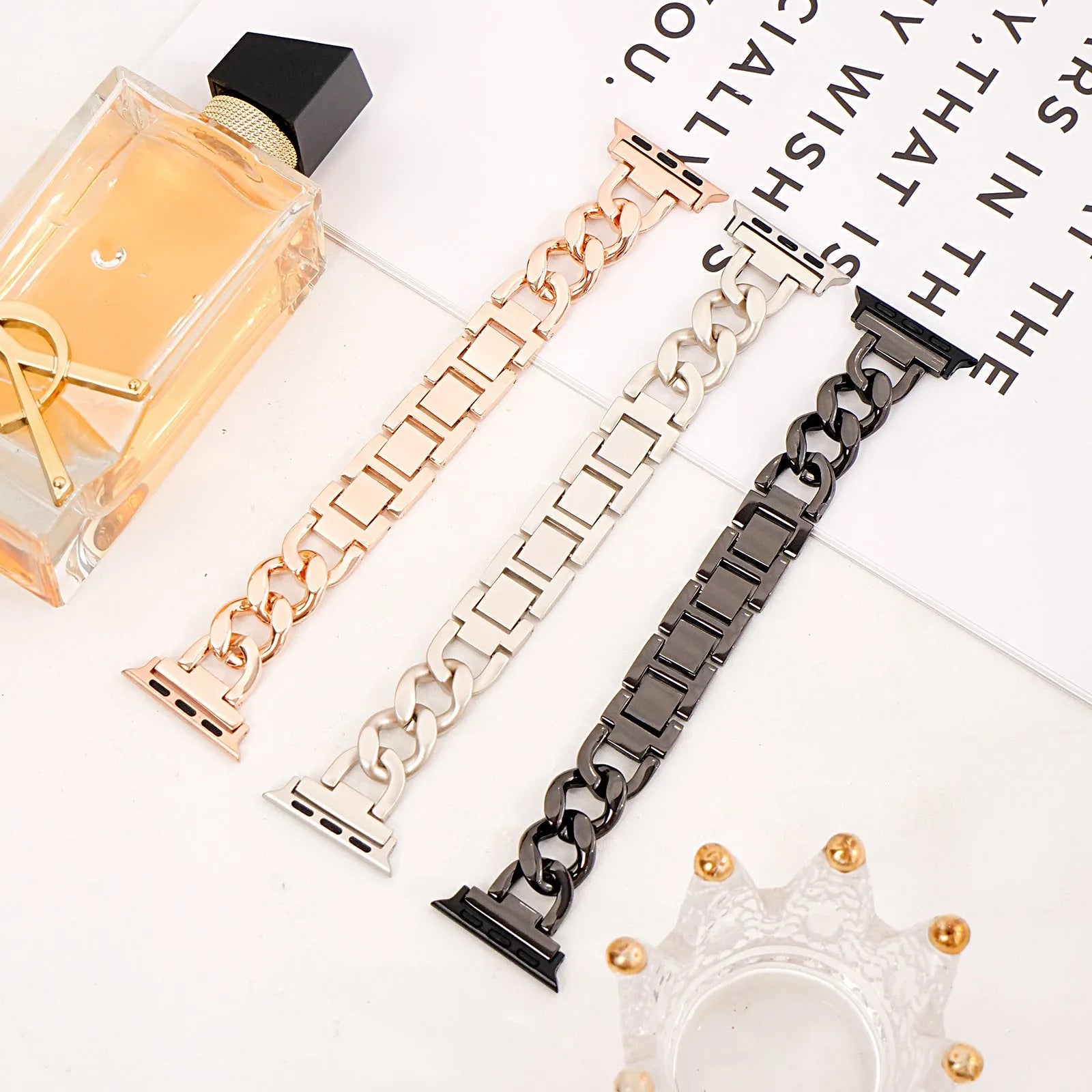 Denim chain metal watch strap for Apple Watch in silver, black, gold, rose gold, or Starlight colour.