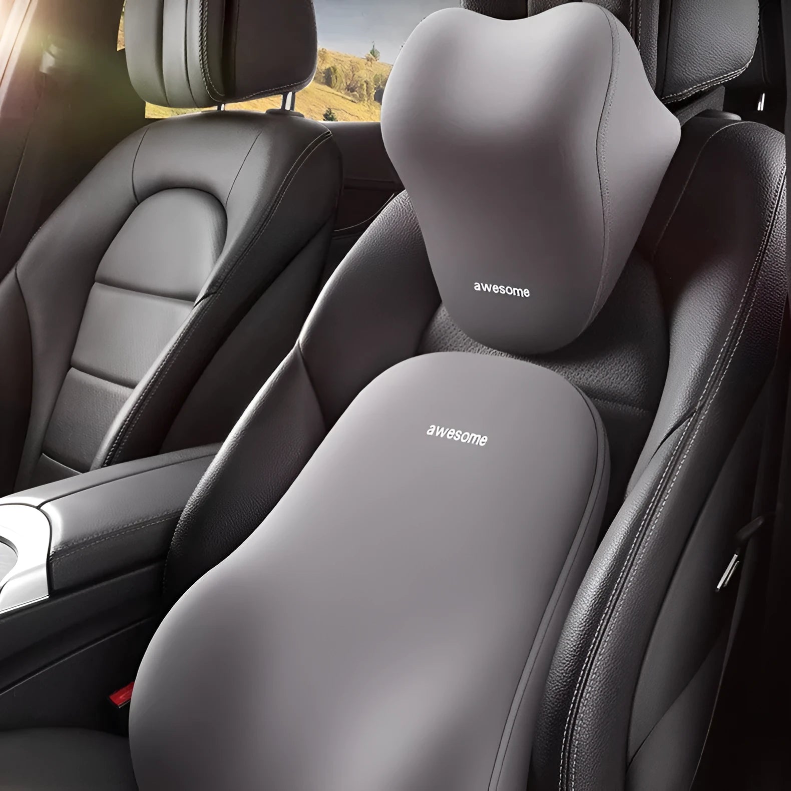 High-grade automotive headrest lumbar support pillow set in memory foam with polyester cover, Y-black colour option on a car seat