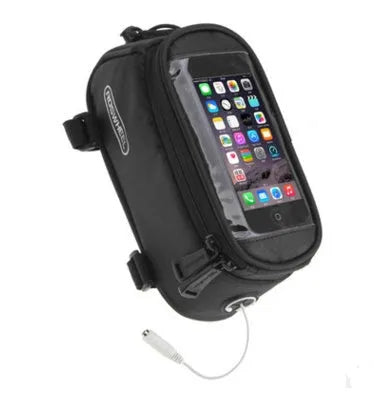 ROSWHEEL PVC bicycle frame bag for iPhone mounted on bike handlebars in blue colour
