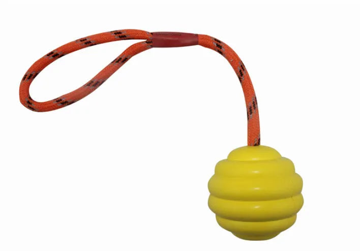 Multi-colour rubber pet training ball with rope knot design, 6x30cm size