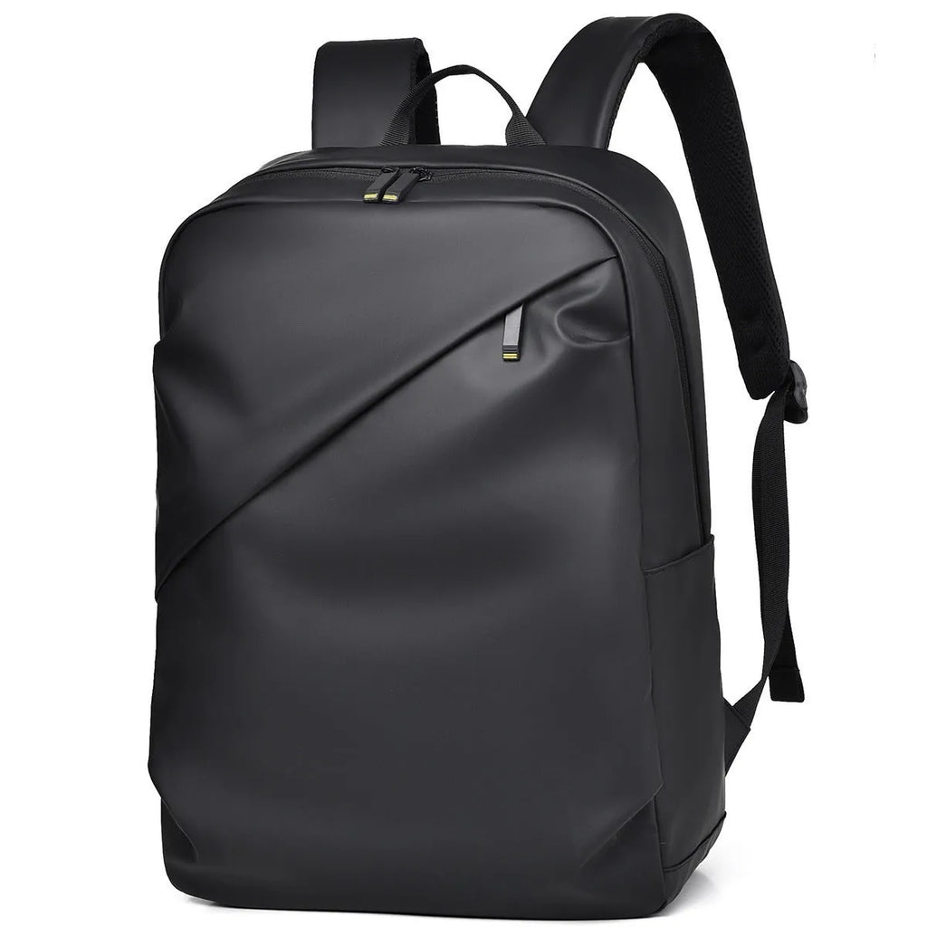 Large black waterproof backpack made from PU leather with sewing thread detailing