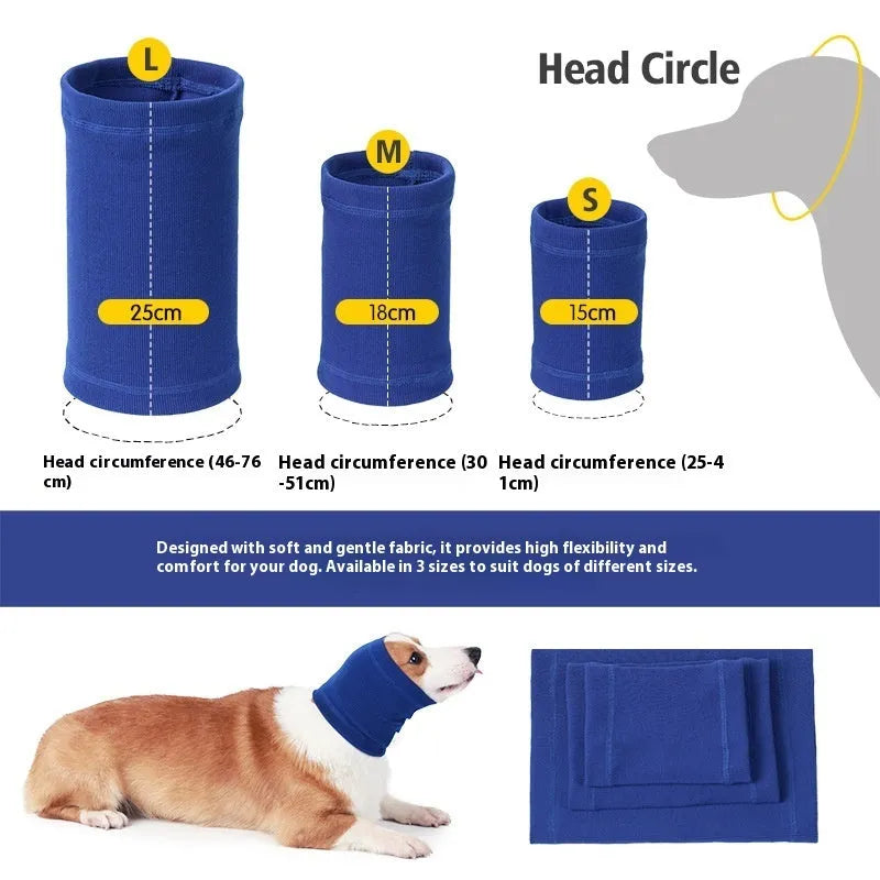 Polyester dog headband scarf in blue or grey colour, available in S M L sizes for small to medium breeds