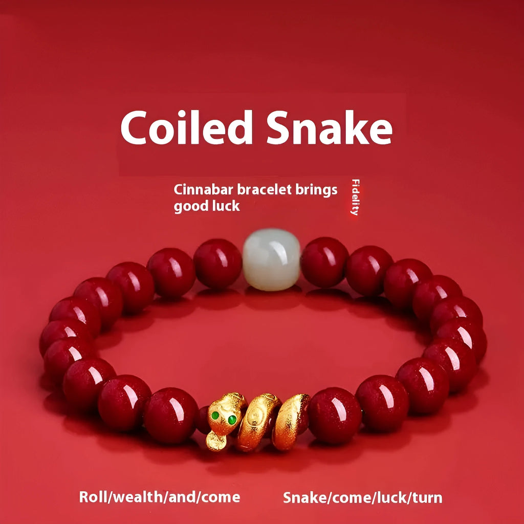 Handmade Chinese-style snake zodiac bracelet made from cinnabar beads.