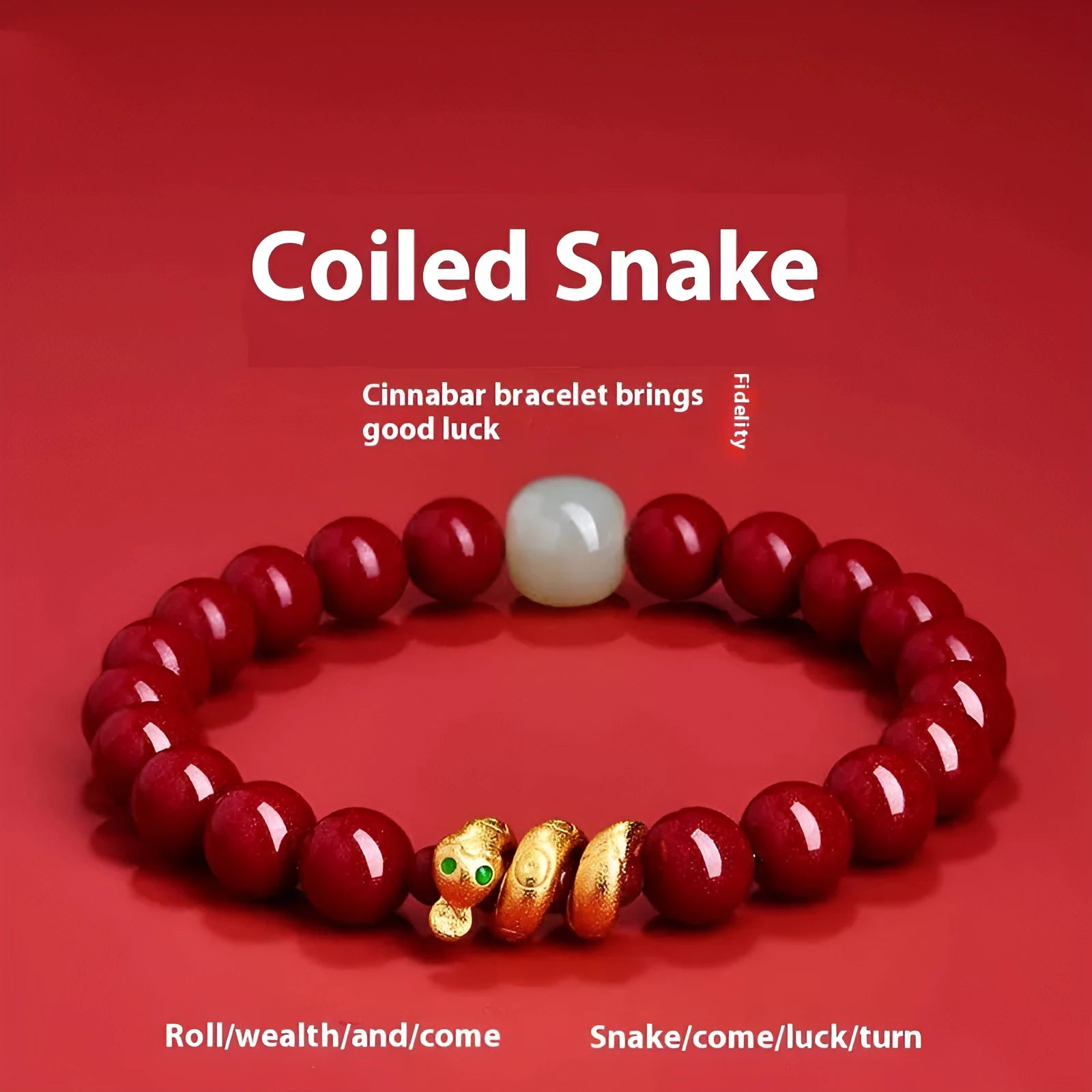 Handmade Chinese-style snake zodiac bracelet made from cinnabar beads.