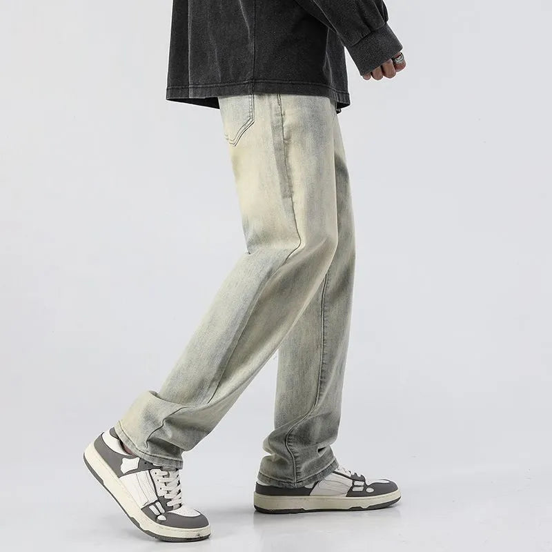 Men's washed distressed slim straight cotton pants in Cement Yellow, tapered leg mid-rise