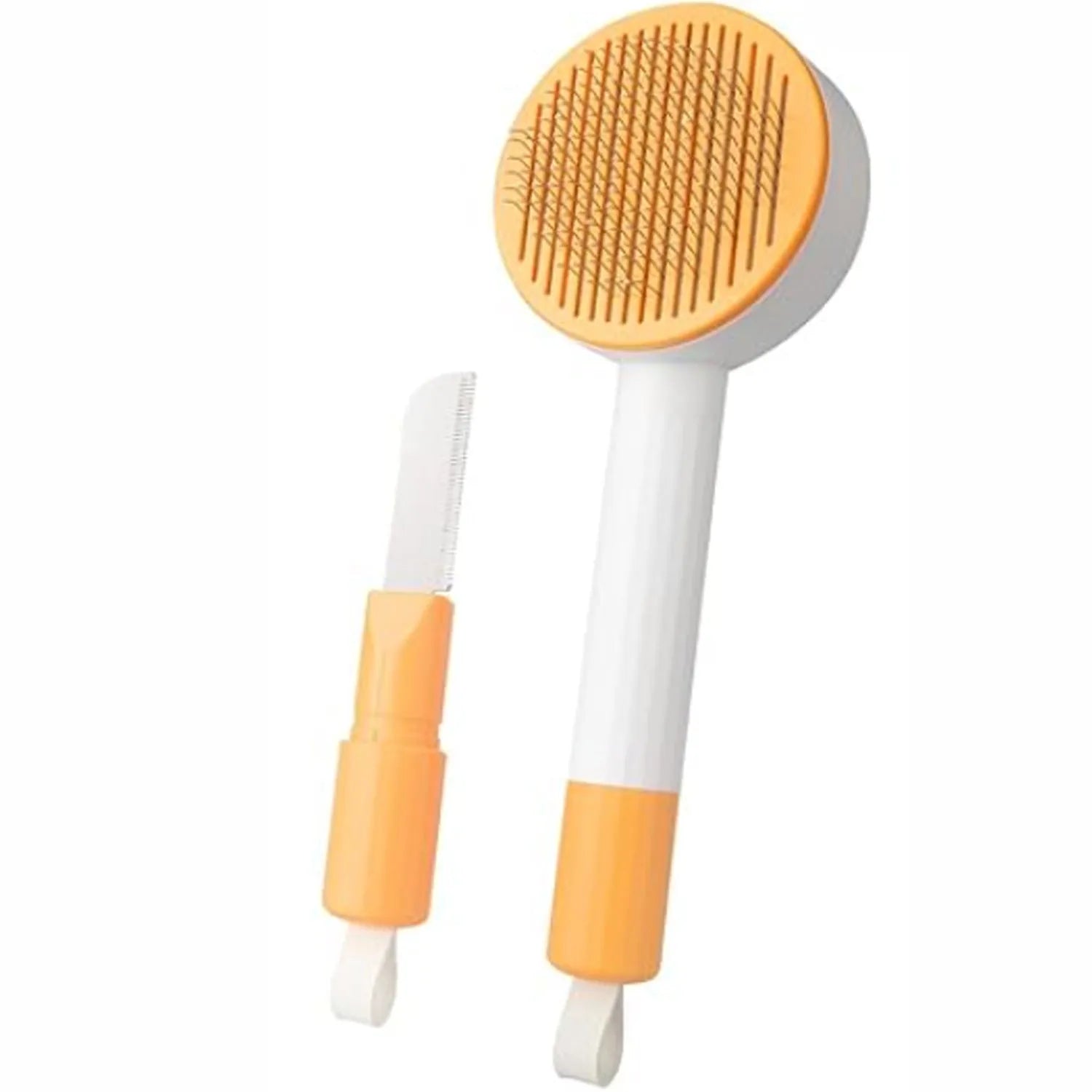 Green and yellow 2-in-1 pet grooming brush with stainless steel teeth and hanging hook