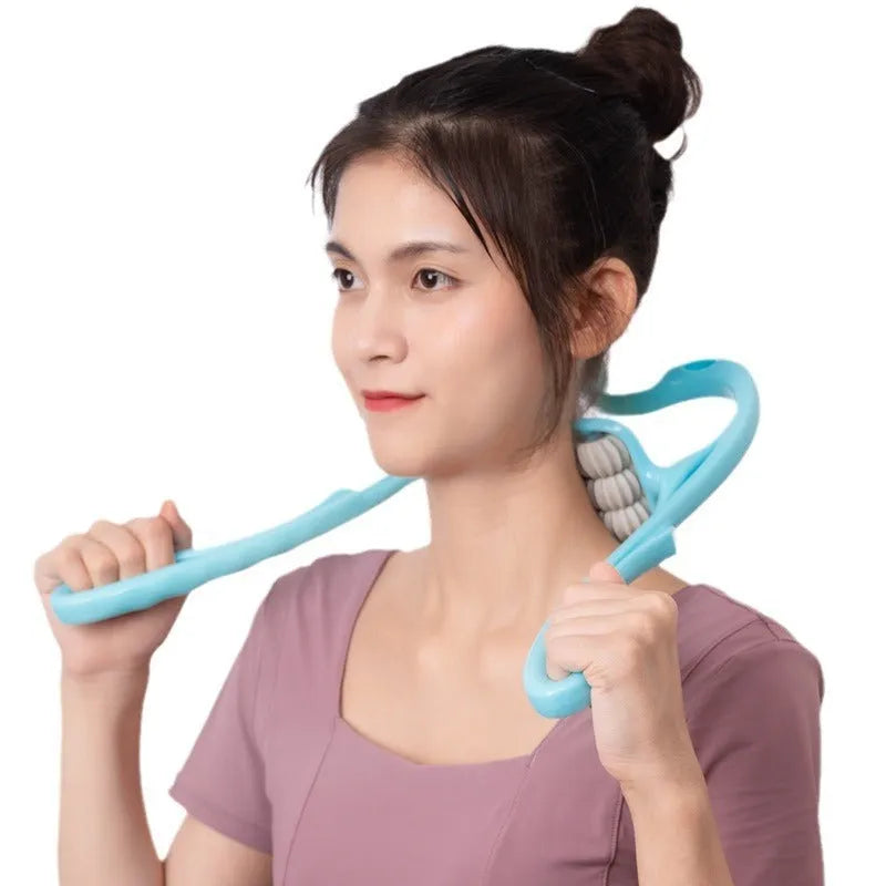 Blue six-wheel manual muscle massager with an adjustable long handle for neck, shoulder, and back relief.