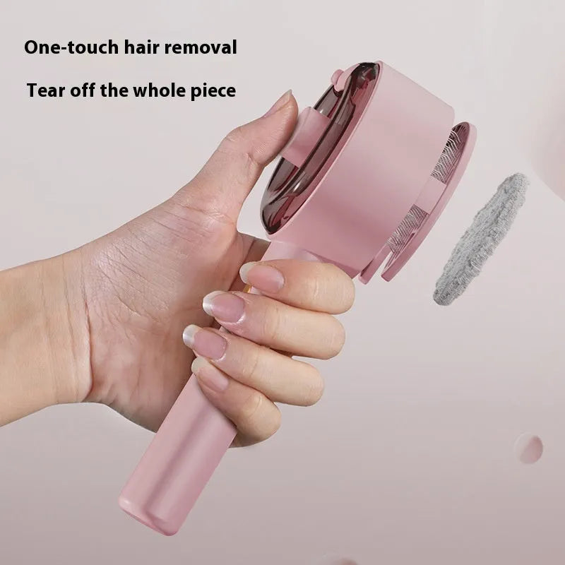 Ceramic white pet grooming comb with spray tank and blue UV light on for dog or cat hair removal.