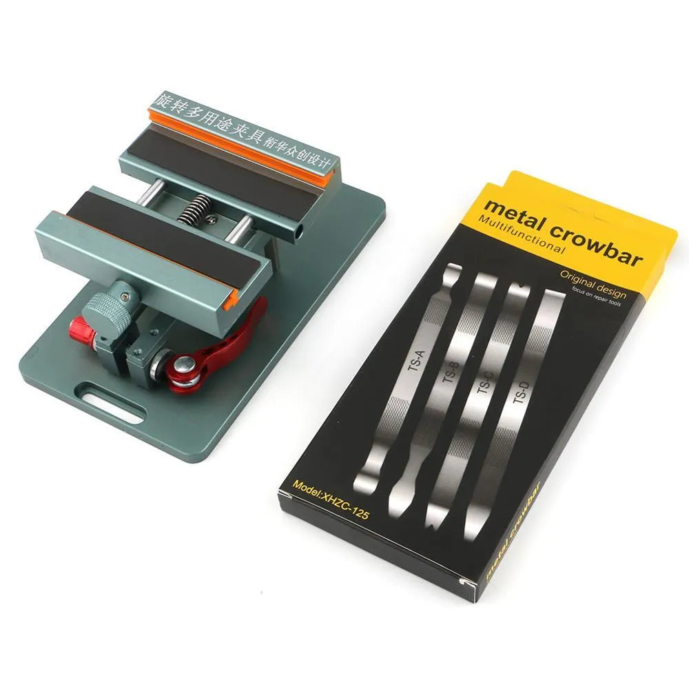 General mobile phone repair fixture with adjustable arms and a demolition crowbar tool on a white background.