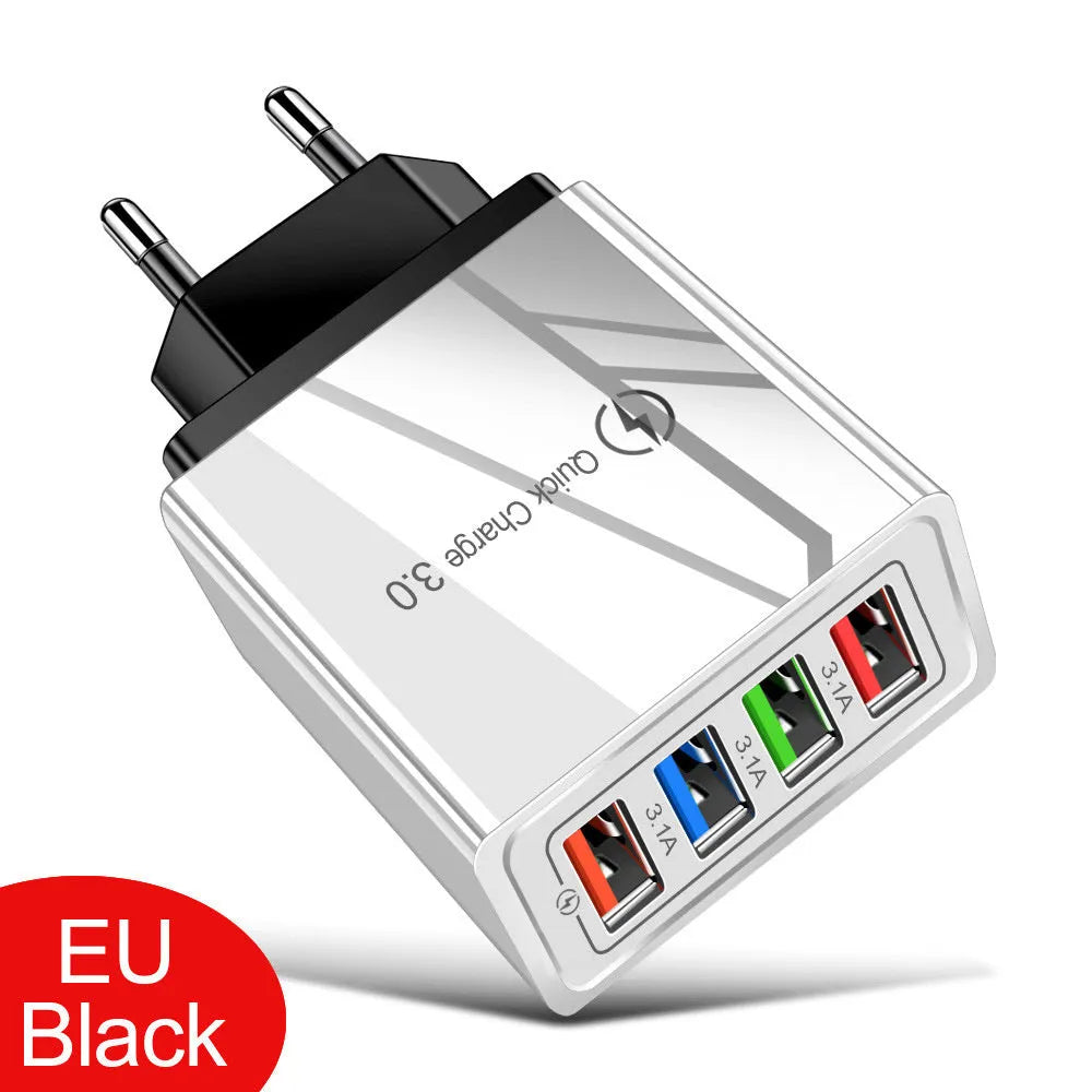 Intelligent 3A mobile phone charging head with luminous indicators showing four USB ports
