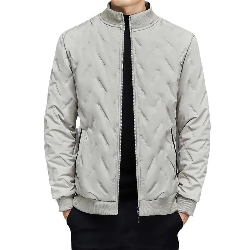 Men's fleece-lined stand collar cotton-padded coat in khaki, polyester fill, cold weather wear