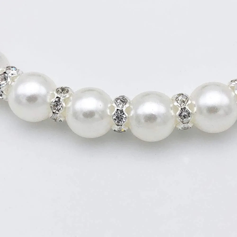 Small dog wearing an adjustable blue imitation pearl and rhinestone necklace with a ribbon bow.