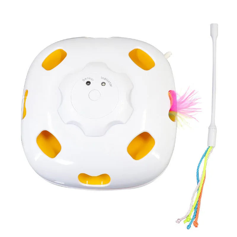 Automatic feather teaser cat toy with bouncing motion for indoor self-play