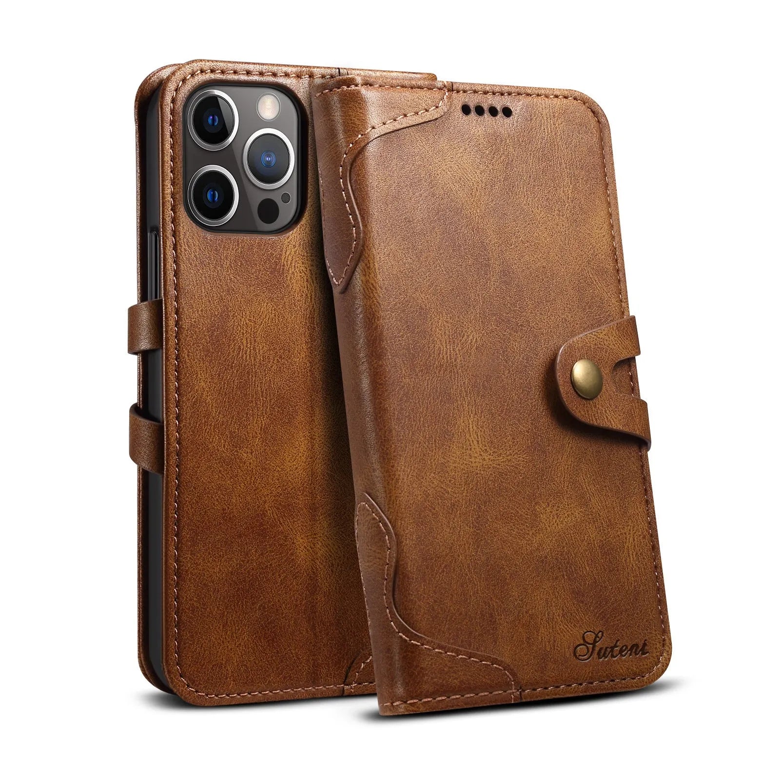 Flip leather wallet phone case for iPhone 13 in black with card slots open
