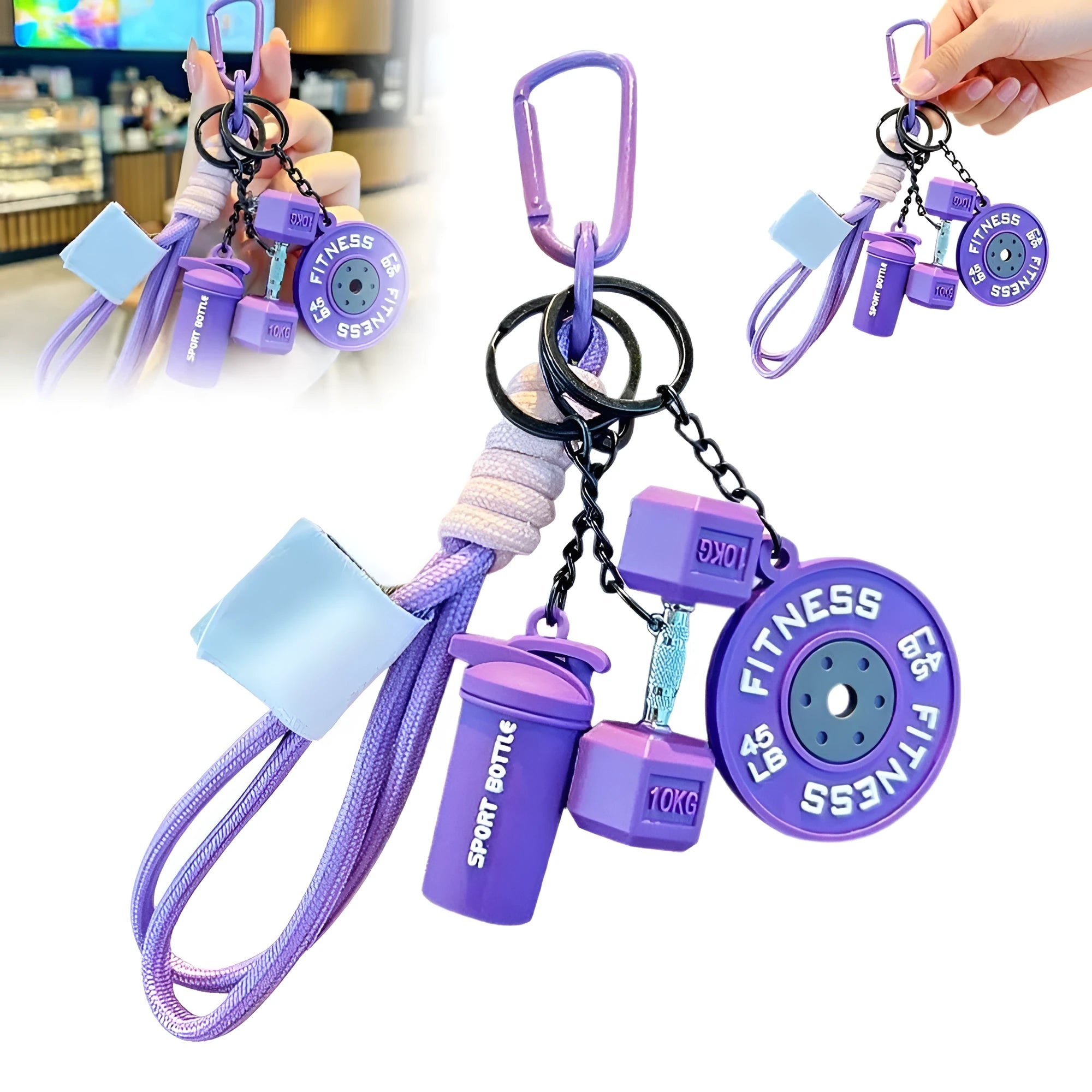 Four mini gym keychains in blue, green, orange, and purple made from alloy metal on a key ring