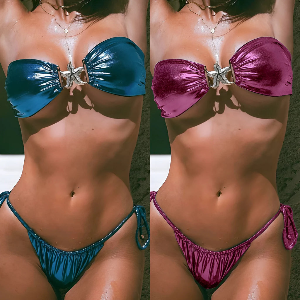 Women's glossy blue split bikini tube top with gold starfish detail