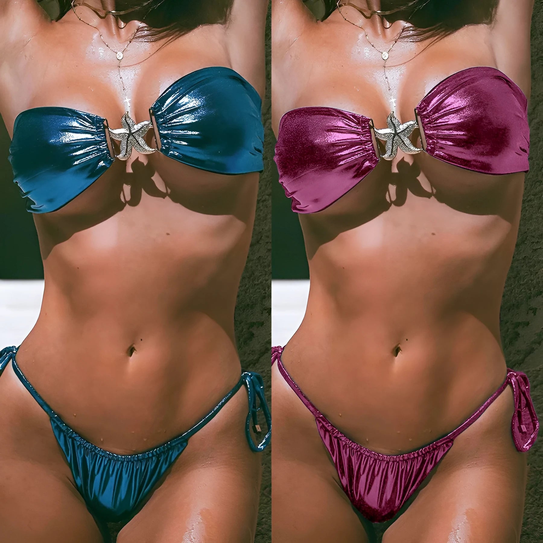 Women's glossy blue split bikini tube top with gold starfish detail