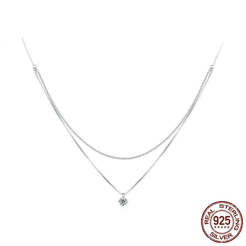 S925 sterling silver double-layer pearl chain necklace with shining pendant in silver colour