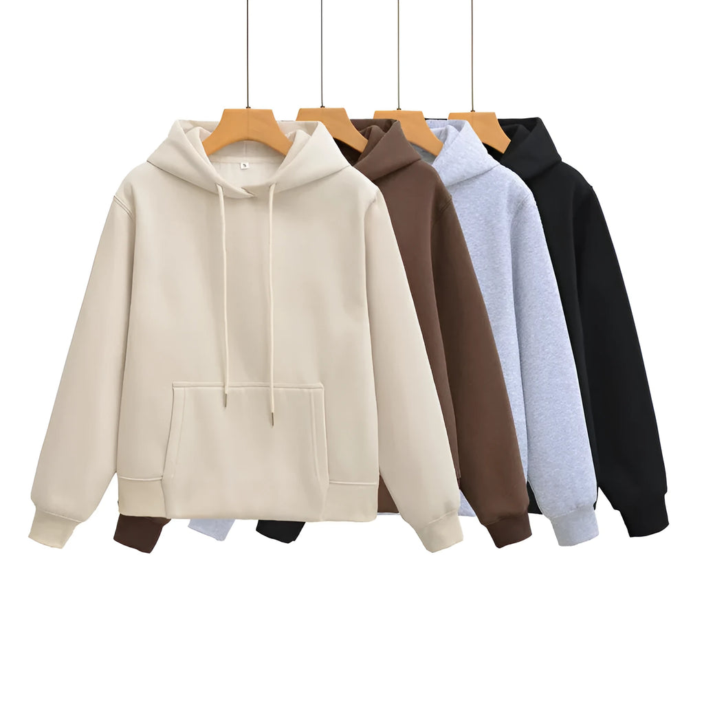 Women's hooded sweater and wide-leg pants set in solid beige colour, polyester blend, front view with hood up