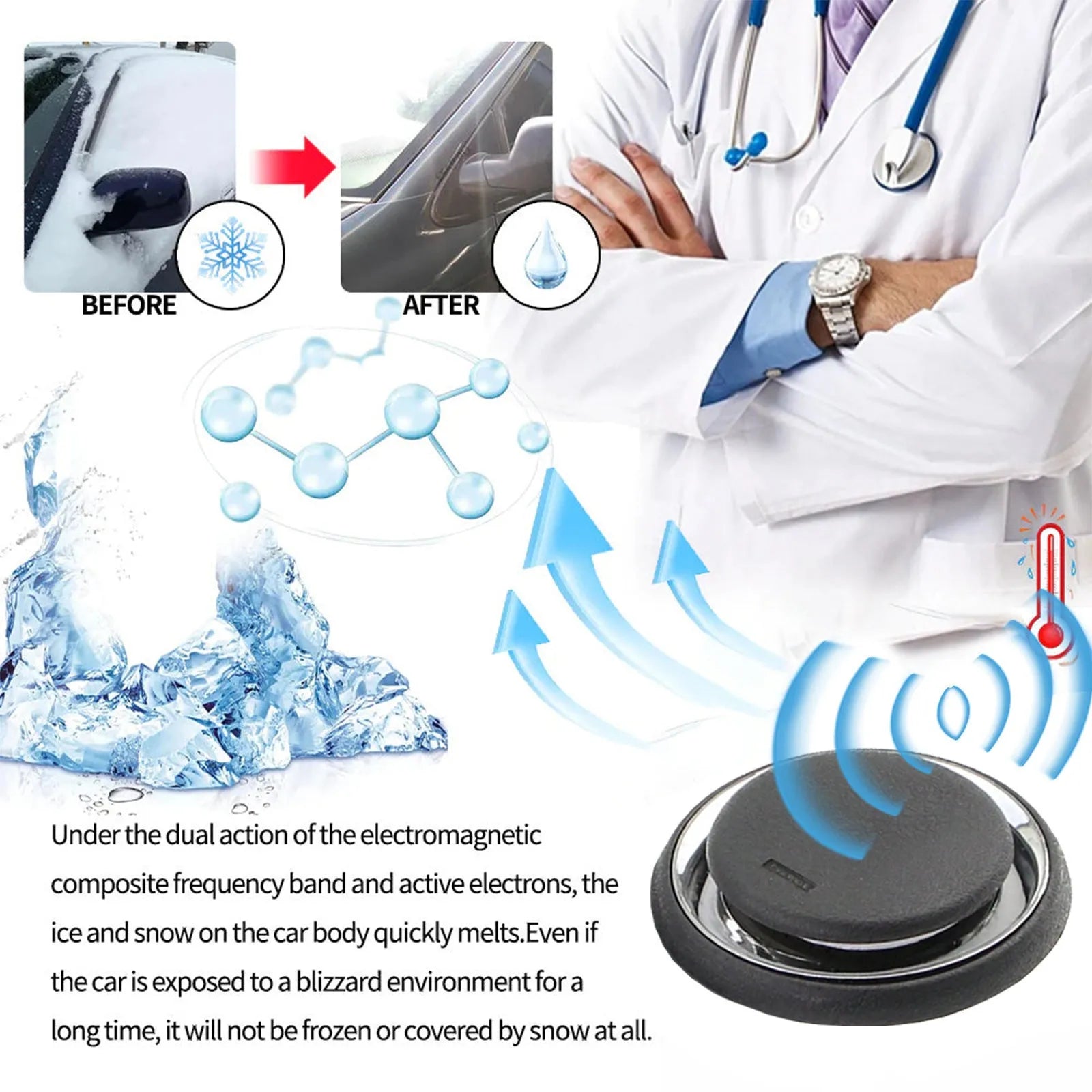 Black portable car deicing and snow melting instrument on a windscreen.