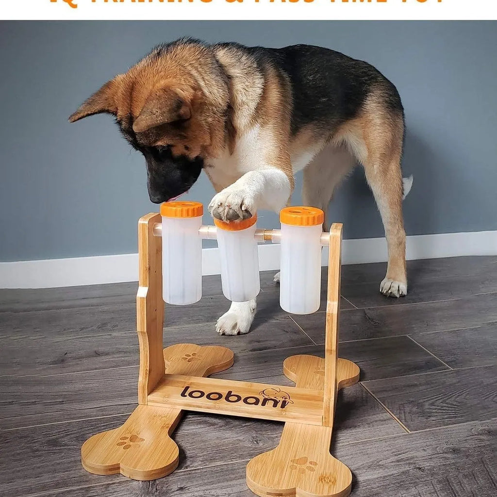 Wooden interactive dog puzzle toy and slow feeder with treat slots, 31cm long.