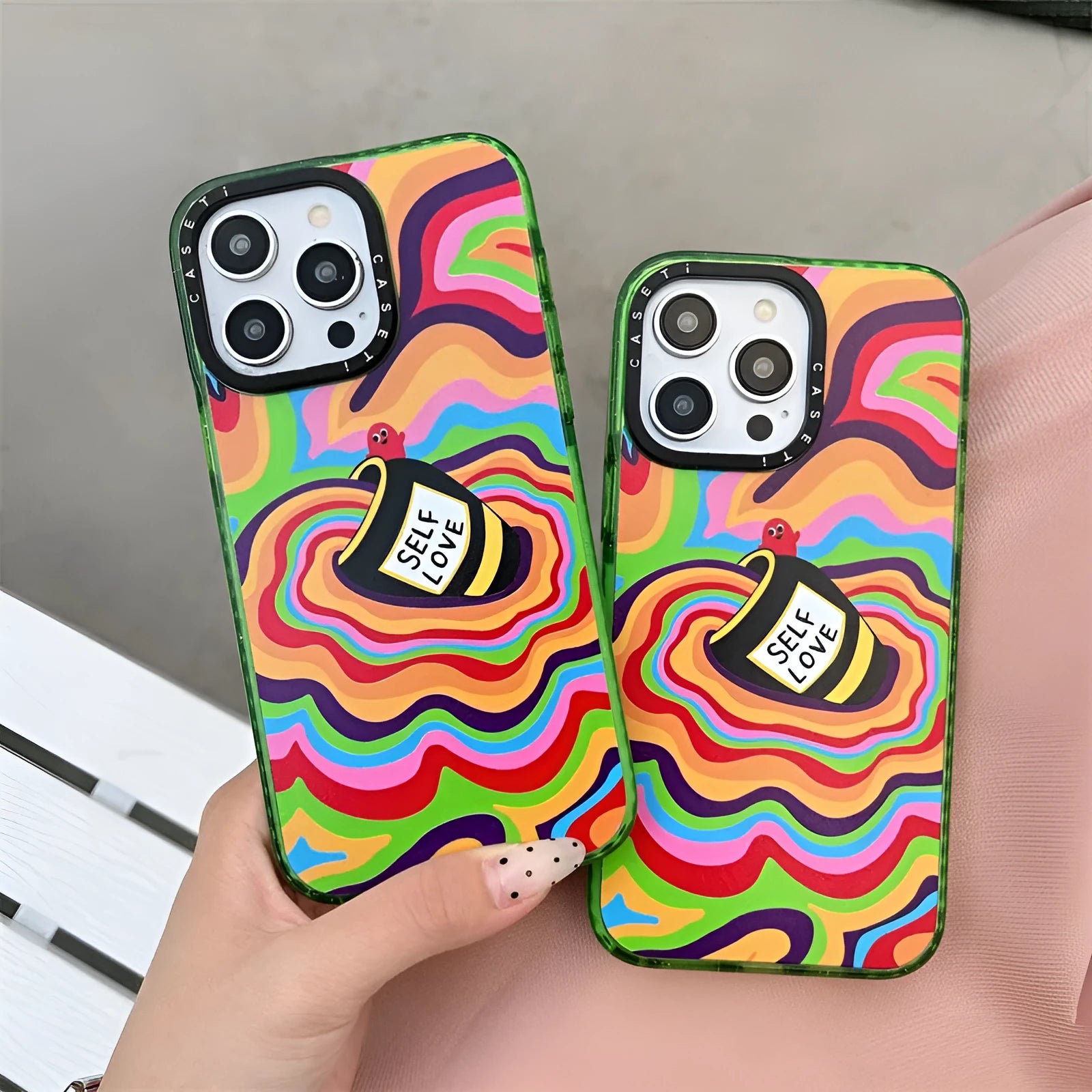 Green hard PC glitter acrylic phone case with love yourself more graphic for iPhone 13